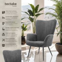 tectake Armchair Hygge - Wide Cord Anthracite/Black in Dark Grey - thumbnail 2