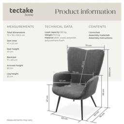 tectake Armchair Hygge - Wide Cord Anthracite/Black in Dark Grey - thumbnail 6