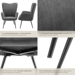 tectake Armchair Hygge - Wide Cord Anthracite/Black in Dark Grey - thumbnail 5