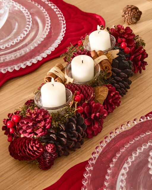 Dibor Cinnamon Pine Trio Tealight Xmas Decoration Centrepiece Christmas Décor Candle Holder in Red - image 1