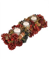 Dibor Cinnamon Pine Trio Tealight Xmas Decoration Centrepiece Christmas Décor Candle Holder in Red - thumbnail 2