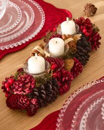 Dibor Cinnamon Pine Trio Tealight Xmas Decoration Centrepiece Christmas Décor Candle Holder in Red