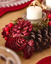 Dibor Cinnamon Pine Trio Tealight Xmas Decoration Centrepiece Christmas Décor Candle Holder in Red - thumbnail 3