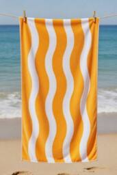 Dyzi Wavy Stripe Cotton Beach Towel Soft Absorbent Quick Dry 70x152cm in Orange - Size: 70x152 cm