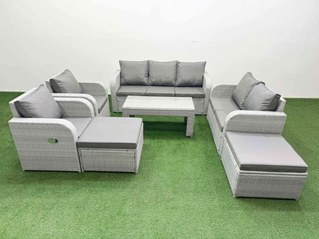 Fimous PE Rattan Garden Furniture Set Adjustable Chair Sofa Double Love Seat 2 Seater Sofa Lounge Set Rectangular Coffee Table 2 Big Footstool Light - image 1