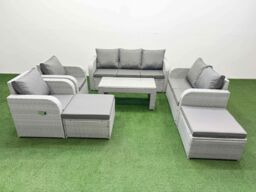 Fimous PE Rattan Garden Furniture Set Adjustable Chair Sofa Double Love Seat 2 Seater Sofa Lounge Set Rectangular Coffee Table 2 Big Footstool Light - thumbnail 1
