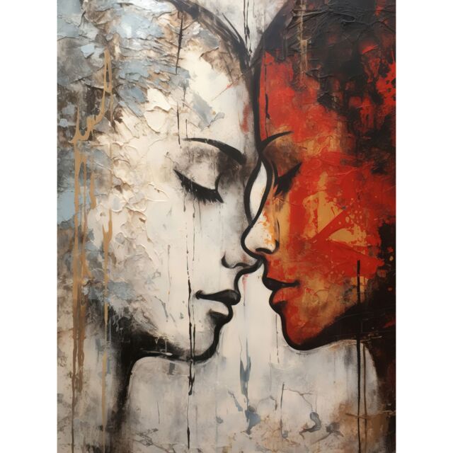 "Artery8 Wall Art Print Affection Thick Paint Oil Painting Red Bold Blue Gay Lovers Emotional Connection Women Love Lesbian Poster - Size: W12"" x H16""" - image 1