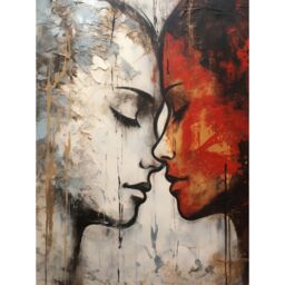 "Artery8 Wall Art Print Affection Thick Paint Oil Painting Red Bold Blue Gay Lovers Emotional Connection Women Love Lesbian Poster - Size: W12"" x H16""" - thumbnail 1