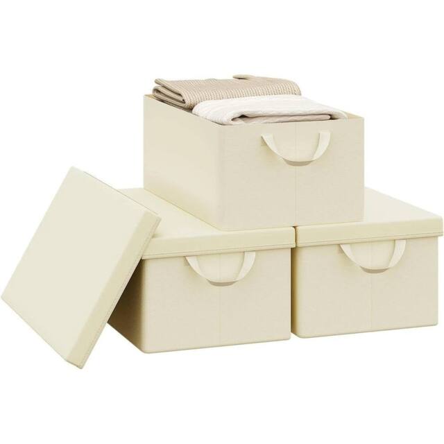 NESTLUNE Fabric Storage Boxes Set of 3 with Lids Stackable Box in Beige - image 1