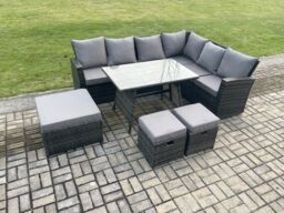 Fimous Outdoor Furniture Garden Dining Set Rattan Corner Sofa Set Rectangular Dining Table with Temper Glass 3 Footstools in Dark Grey - thumbnail 1