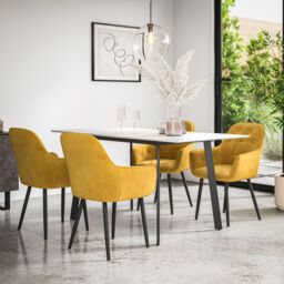 More4Homes Haydon Extending Dining Table & Chairs- White Marble Effect Table Top w Black Legs + Anika Velvet Dining Chair Set Of 6 in Mustard
