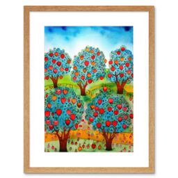 "Artery8 Wall Art Print Apple Orchard Trees Ready For Harvest Folk Art Landscape Watercolour Painting Artwork Framed 9X7 Inch - Size: W7"" x H9""" - thumbnail 1