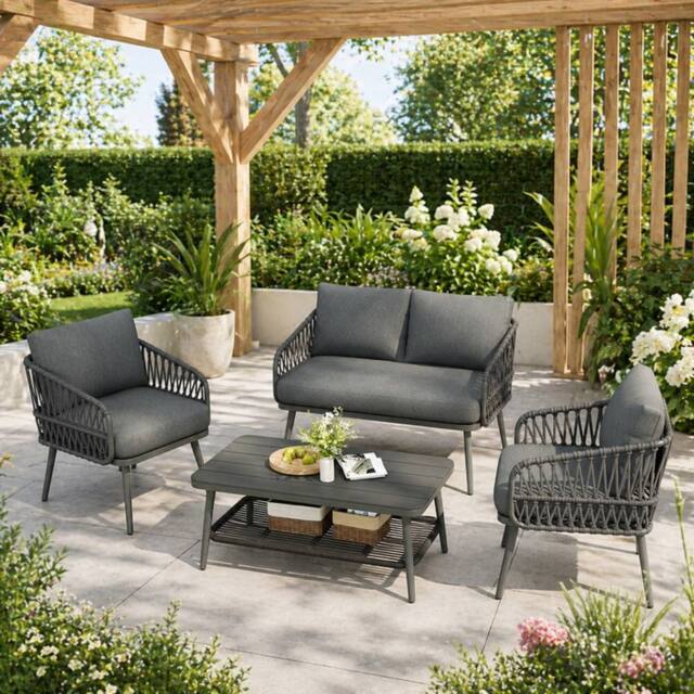 Merax 4 Seater Rope Patio Sofa Set with Storage Coffee Table for Garden in Grey - image 1