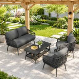 Merax 4 Seater Rope Patio Sofa Set with Storage Coffee Table for Garden in Grey - thumbnail 2