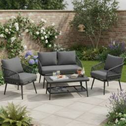 Merax 4 Seater Rope Patio Sofa Set with Storage Coffee Table for Garden in Grey - thumbnail 9