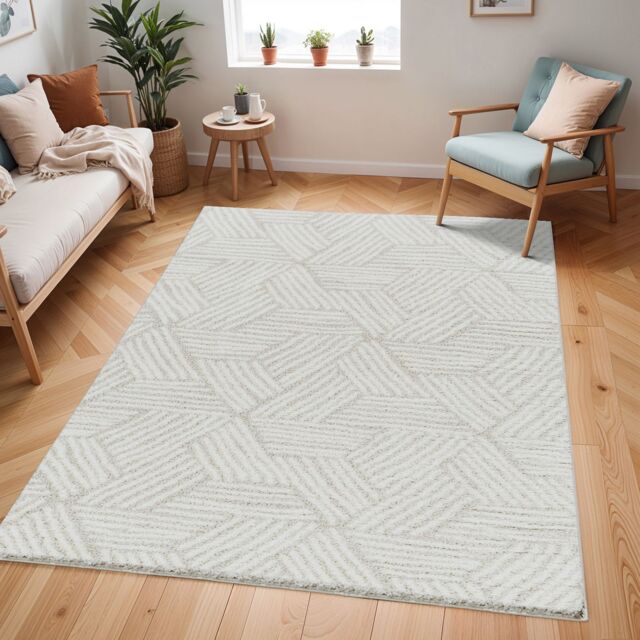 Livabliss Cloudy Shag-Geometric Grey Beige Soft Plush Pile Living Bedroom Rug - Size: 140 cm x 200 cm - image 1