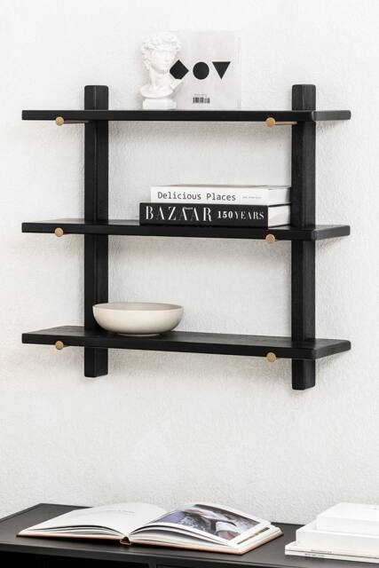 MH London Wall Mounted Shelf, 3-Tier Floating Shelves, Display Shelf in Solid Wood - Oliver in Black - image 1