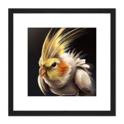 Artery8 Lutino Cockatiel White Bird on Black Detailed Painting Square Wooden Framed Wall Art Print Picture 8X8 Inch - thumbnail 1