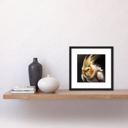 Artery8 Lutino Cockatiel White Bird on Black Detailed Painting Square Wooden Framed Wall Art Print Picture 8X8 Inch - thumbnail 2