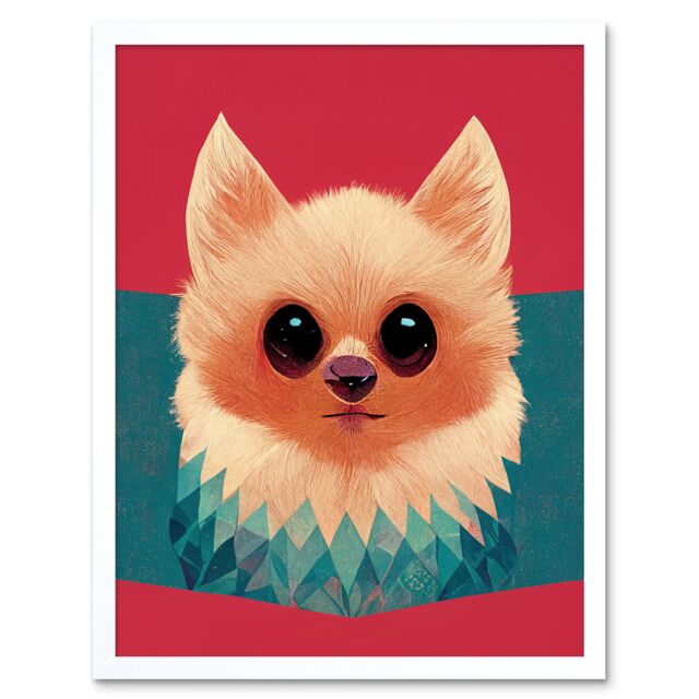 "Artery8 Wall Art Print Cute Geometric Pomeranian Dog Art Framed in White - Size: W12"" x H16""" - image 1