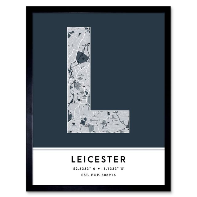 "Wee Blue Coo Wall Art Print Leicester England United Kingdom City Map Modern Typography Stylish Letter Framed Word in Navy - Size: W12"" x H16""" - image 1