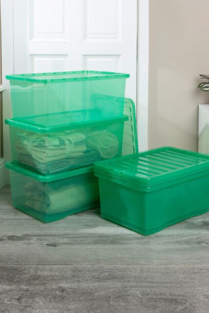Wham Crystal 5 x 45L Stackable Plastic Storage Boxes with Lids in Green - image 1