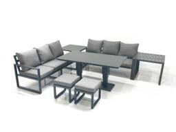 Fimous 8 Seater Aluminium Outdoor Garden Furniture Set w/ Adjustable Rising Lifting Dining Table 3 Seater Sofa 2 Small Footstool 2 Side Tables Dark - thumbnail 1