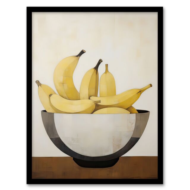 Artery8 Wall Art Print Banana Bowl Minimalist Painting Still Life Simple Kitchen Framed Art in Yellow - Size: A4 - image 1