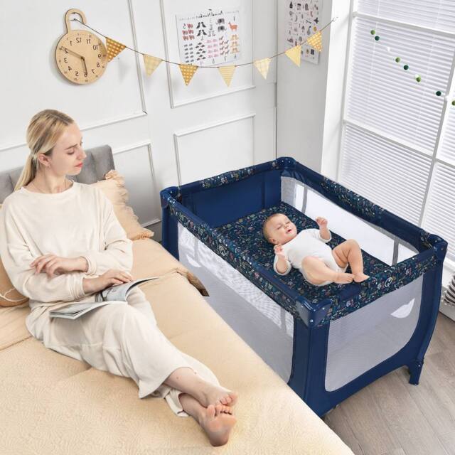 Costway 2-in-1 Baby Playpen Foldable Baby Activity Center w/ Mattress in Dark Blue - image 1