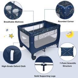 Costway 2-in-1 Baby Playpen Foldable Baby Activity Center w/ Mattress in Dark Blue - thumbnail 9