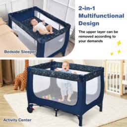 Costway 2-in-1 Baby Playpen Foldable Baby Activity Center w/ Mattress in Dark Blue - thumbnail 6