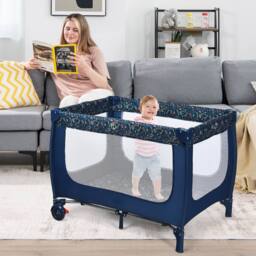 Costway 2-in-1 Baby Playpen Foldable Baby Activity Center w/ Mattress in Dark Blue - thumbnail 4