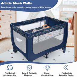 Costway 2-in-1 Baby Playpen Foldable Baby Activity Center w/ Mattress in Dark Blue - thumbnail 5