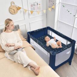 Costway 2-in-1 Baby Playpen Foldable Baby Activity Center w/ Mattress in Dark Blue - thumbnail 1