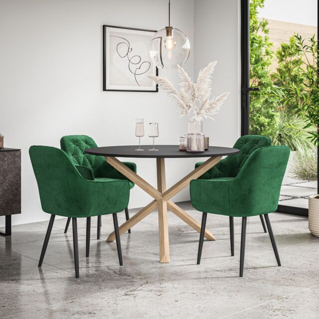 More4Homes Malvern Round Dining Table & Chairs - Black Table Top w Solid Oak Legs + Anika Velvet Dining Chair Set Of 4 in Green - image 1