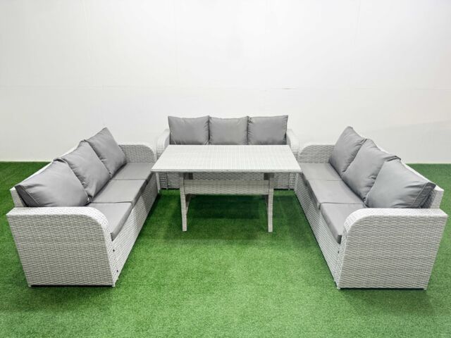Fimous PE Rattan Lounge Sofa Set 9 Seater Outdoor Garden Furniture Set with Rectangular Dining Table 3 Seater Sofa Light Grey - image 1