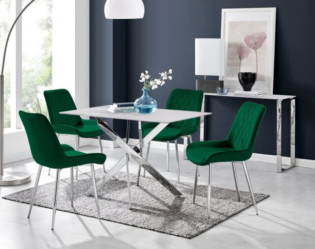 FurnitureboxUK Leonardo White Glass Marble Effect Silver Leg Table & 4 Pesaro Silver Chairs in Green - image 1