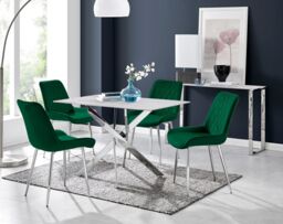 FurnitureboxUK Leonardo White Glass Marble Effect Silver Leg Table & 4 Pesaro Silver Chairs in Green - thumbnail 1