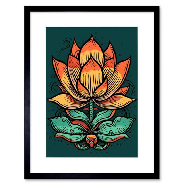 "Artery8 Wall Art Print Old School USA Tattoo Ink Body Art Lotus Flower Rockabilly Americana 50s Artwork Framed 9X7 Inch in Black - Size: W7"" x H9""" - image 1