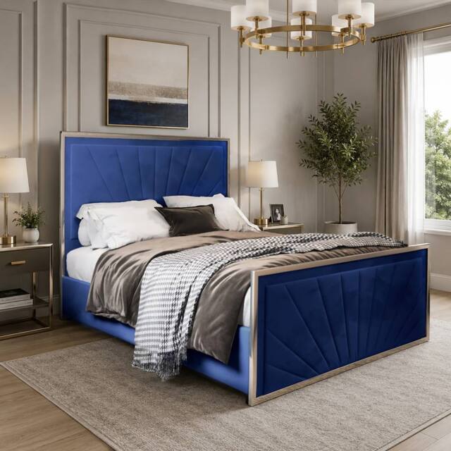 Casani Somerton Upholstered Soft Velvet Blue Metal Designer Bed Frame - Size: Single - image 1