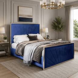 Casani Somerton Upholstered Soft Velvet Blue Metal Designer Bed Frame - Size: Single