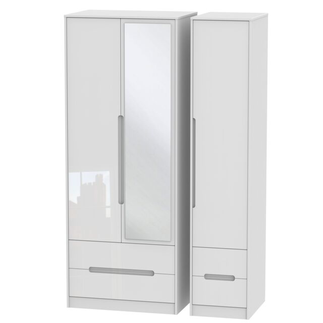 Ready Assembled 2 U Bristol Tall Triple 2 Drawer Mirror + Drawer Wardrobe (Ready Assembled) in White