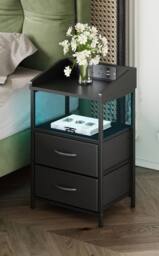 Living and Home Nightstand Bedside Table with Charging Station and LED Lights in Black - thumbnail 3