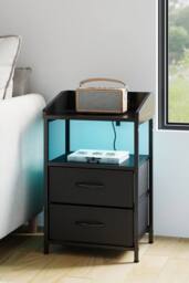 Living and Home Nightstand Bedside Table with Charging Station and LED Lights in Black - thumbnail 1