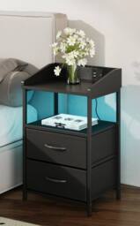 Living and Home Nightstand Bedside Table with Charging Station and LED Lights in Black - thumbnail 4