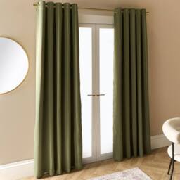 OHS Pair of Thermal Ready Made Eyelet Blackout Curtains in Olive - Size: 168 cm width x 137 cm drop - thumbnail 2