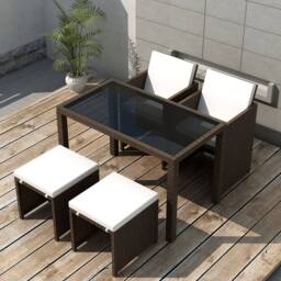 Berkfield Home Elegant 5 Piece Outdoor Dining Set with Cushions Poly Rattan Brown - thumbnail 2