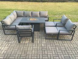 Fimous Aluminium Patio Outdoor Garden Furniture Corner Sofa Set Gas Fire Pit Dining Table with 3 Chairs 2 Big Footstools Dark Grey - thumbnail 2