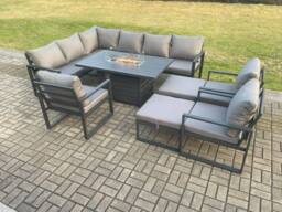 Fimous Aluminium Patio Outdoor Garden Furniture Corner Sofa Set Gas Fire Pit Dining Table with 3 Chairs 2 Big Footstools Dark Grey - thumbnail 1