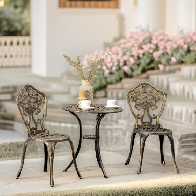 FURNOS Set of 3 Cast Aluminium Bistro Table & Chair With Parasol Hole in Bronze - image 1